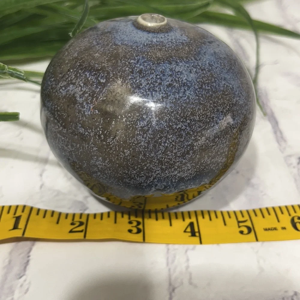 Drip Glaze Ceramic Bud Vase Artist Signed Black & Blue Bulbous Single Stem